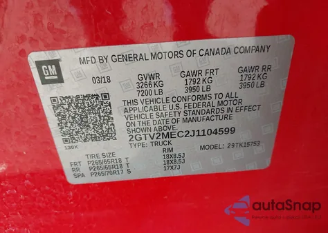 2018 GMC Sierra 1500 Sle z USA, uszkodzony, nr VIN 2GTV2MEC2J1104599